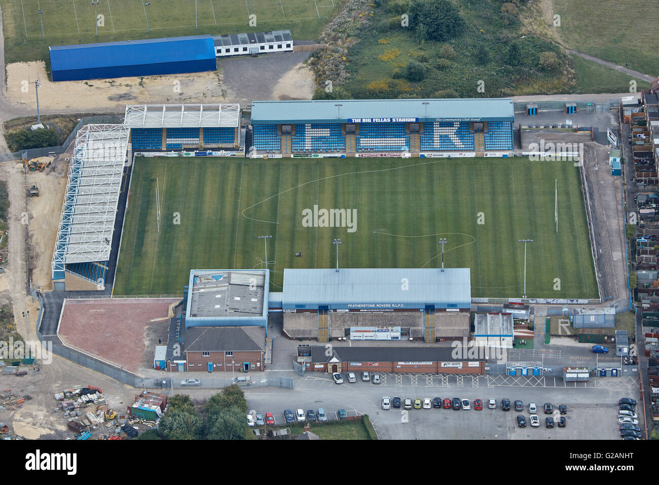 Eine Luftaufnahme des Post Office Road, Heimat des Featherstone Rovers Rugby League Club Stockfoto
