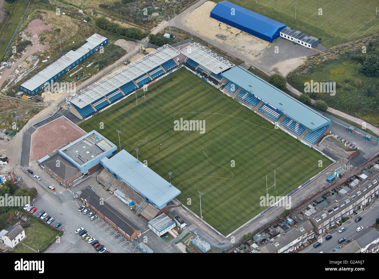 Eine Luftaufnahme des Post Office Road, Heimat des Featherstone Rovers Rugby League Club Stockfoto
