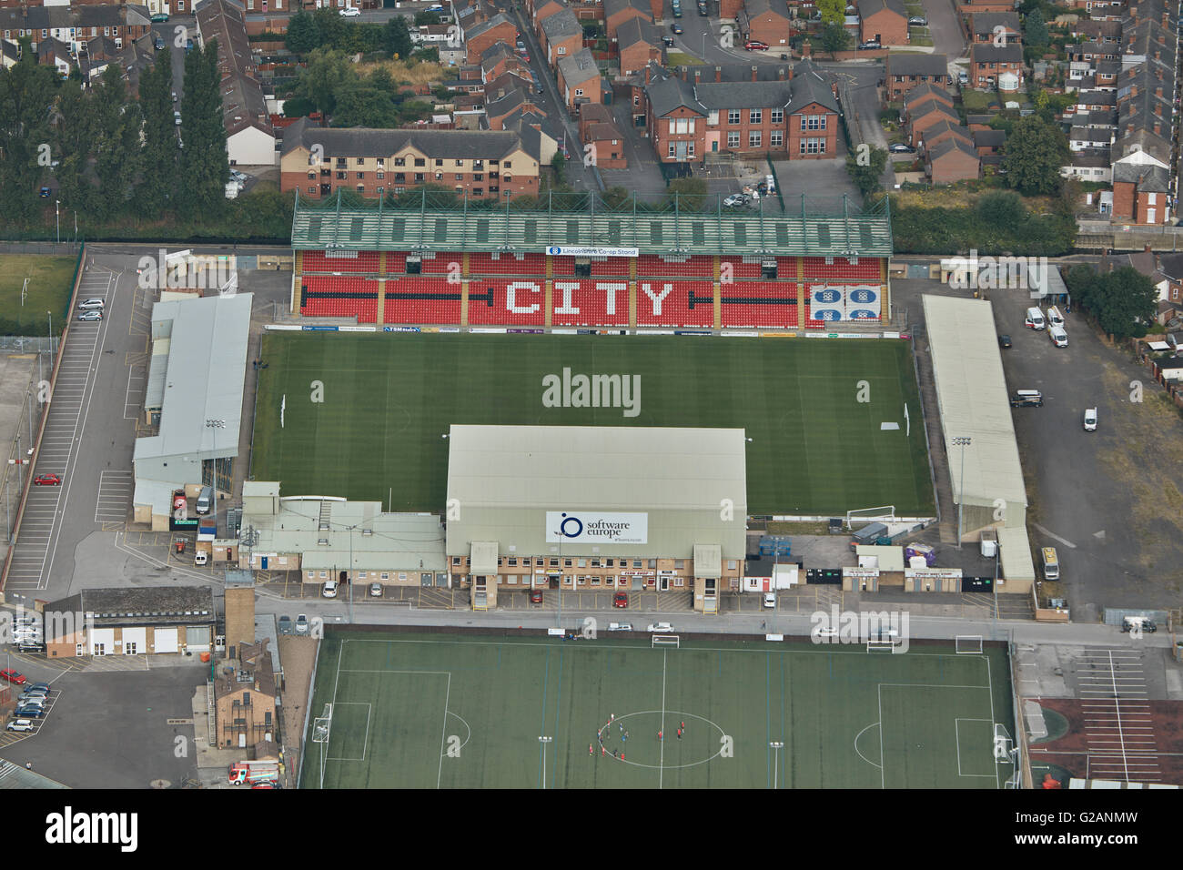 Eine Luftaufnahme des Sincil Bank Stadion, Heimat von Lincoln City Football Club Stockfoto