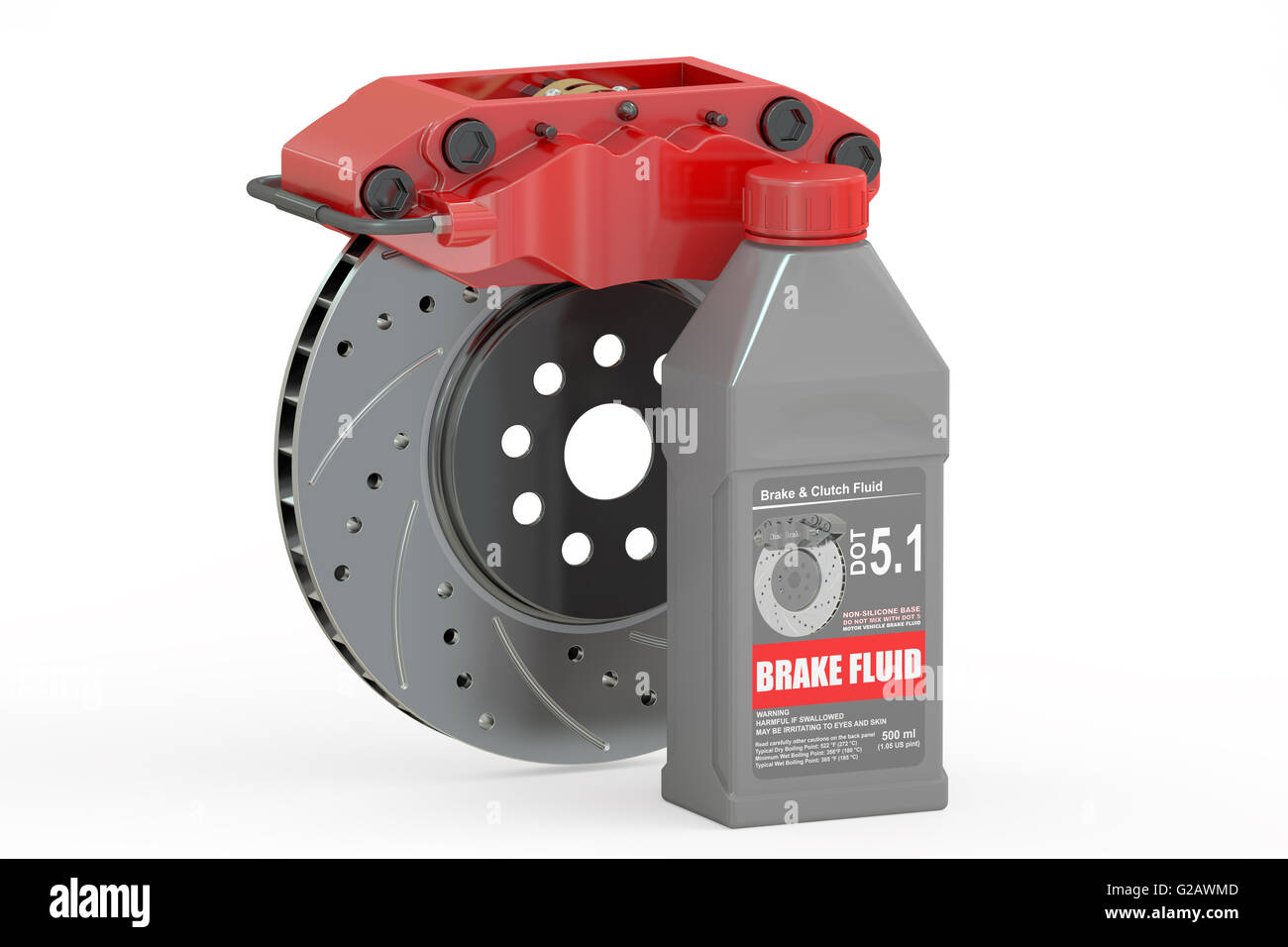 Bremsflüssigkeit mit Scheibenbremse, 3D-Rendering isolierten auf weißen Hintergrund Stockfoto