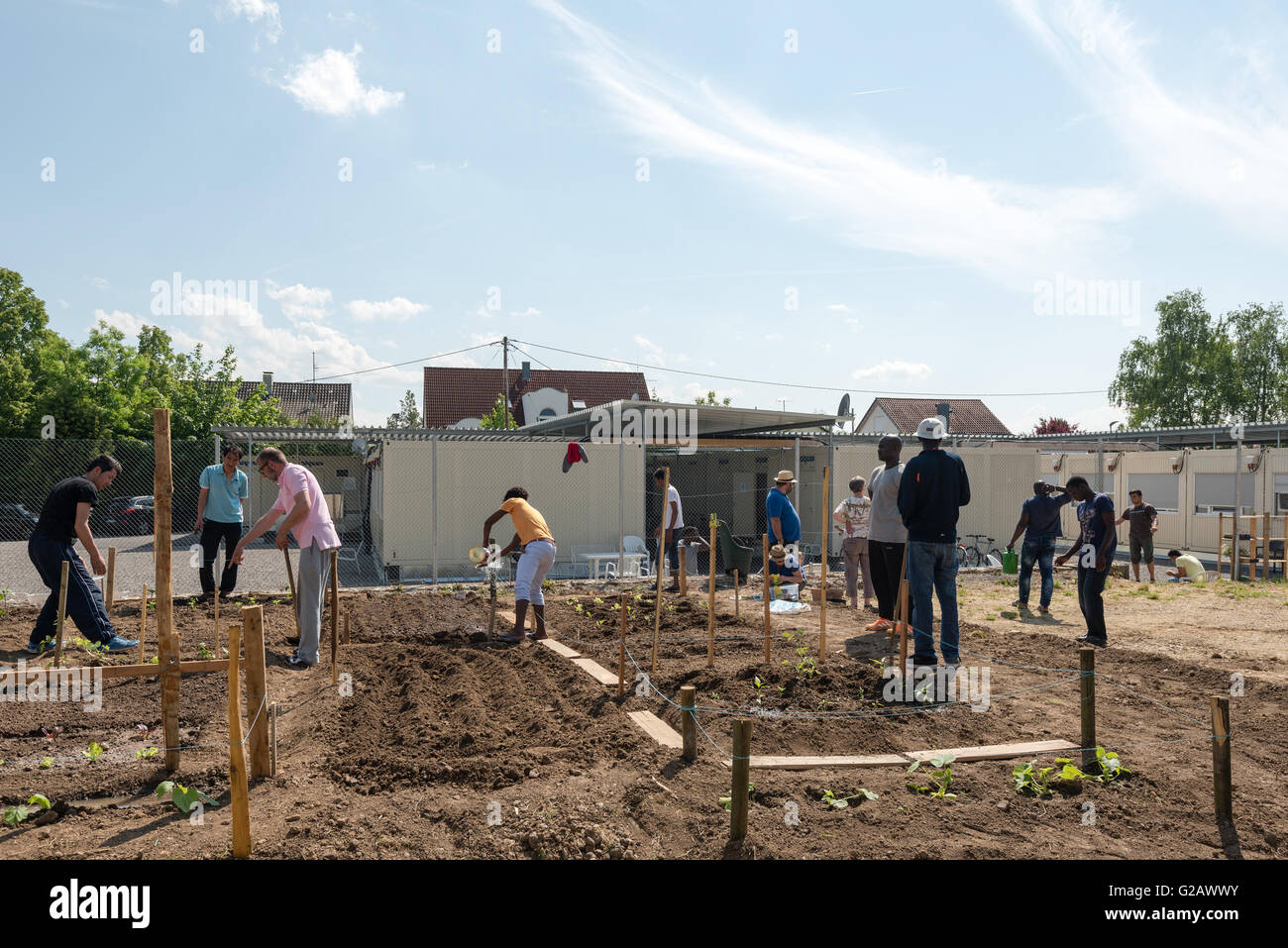 SCHARNHAUSEN, Deutschland - 26. Mai 2016: Deutsche freiwillige afrikanische, Arabische und asiatische Flüchtlinge unterstützen beim Aufbau eines kleines Stockfoto