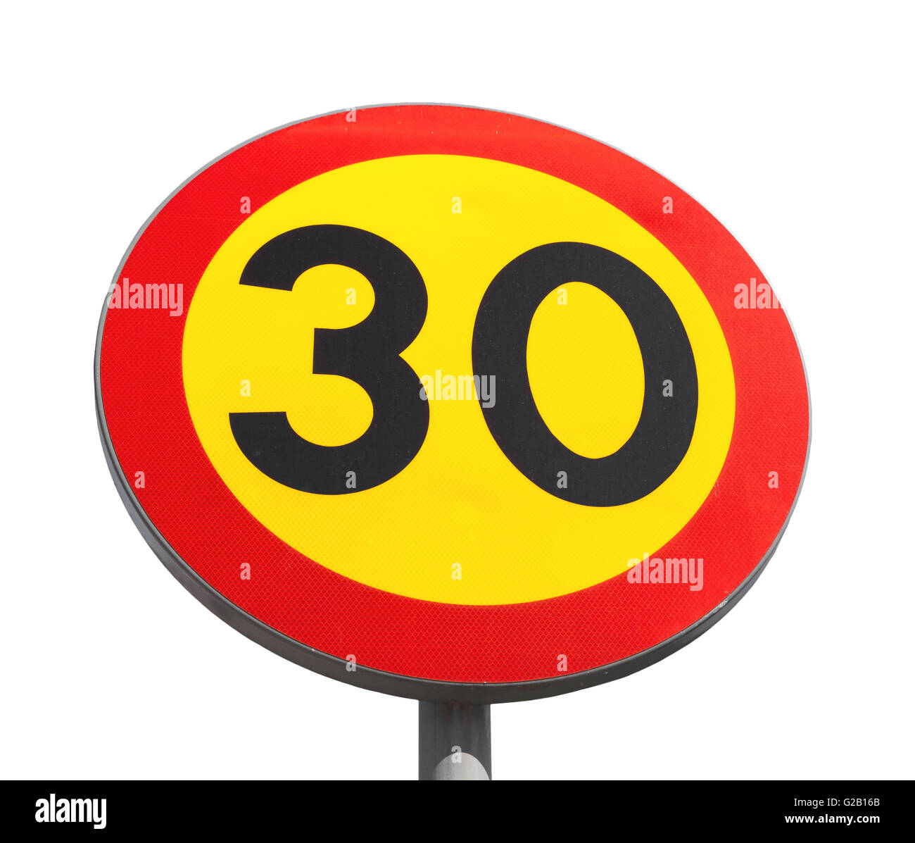 Hellen Tempolimit Verkehrszeichen isolierten auf weißen Hintergrund Stockfoto