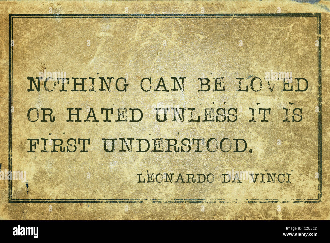 Nichts kann geliebt oder gehasst, wenn - alte italienischer Künstler Leonardo da Vinci-Zitat auf Grunge Vintage Karton gedruckt werden Stockfoto