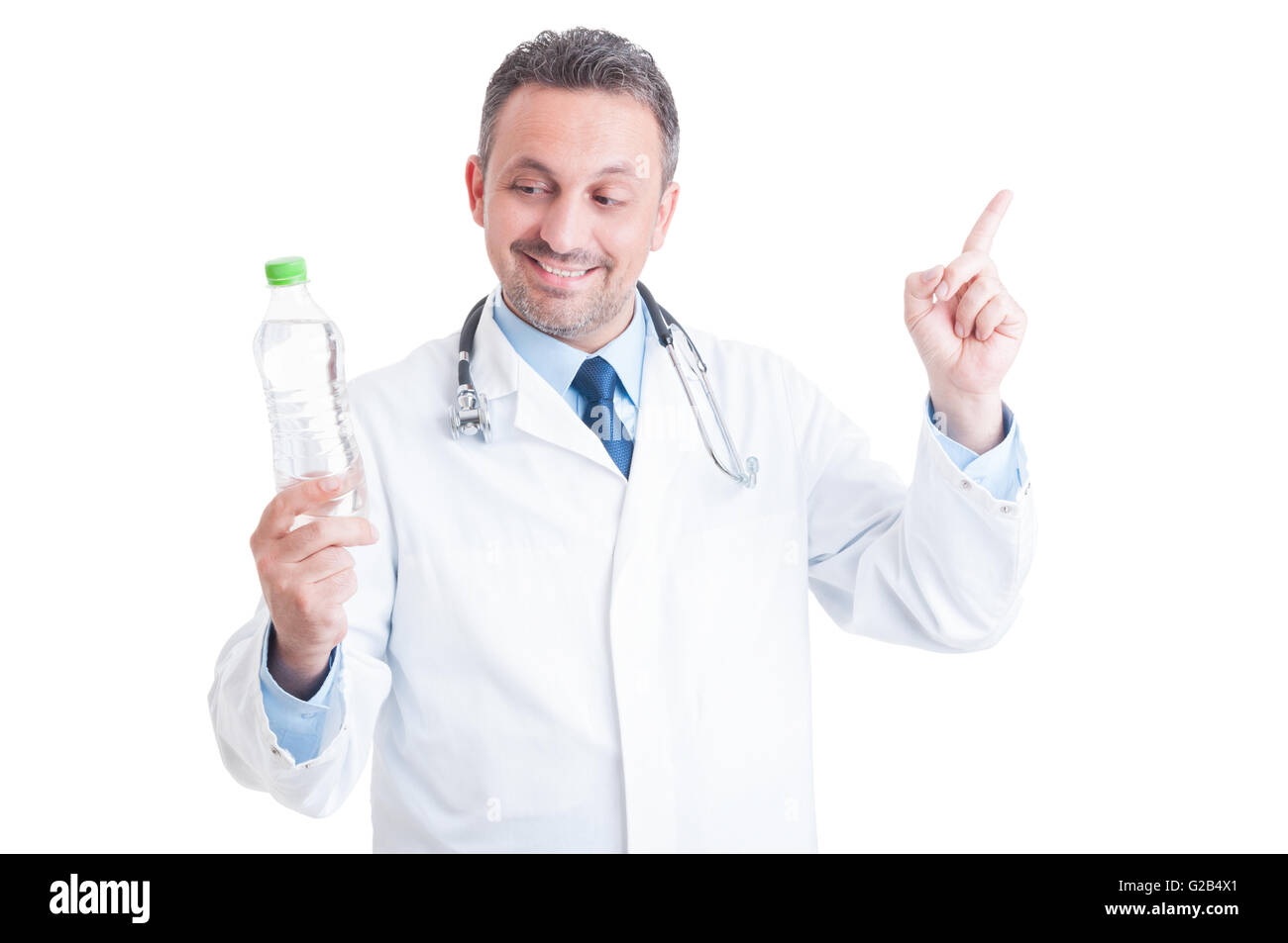 Arztes für Dehydrierung Konzept mit Medic hält eine Flasche Wasser Stockfoto