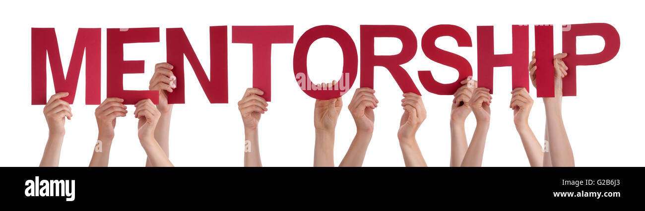 Viele Menschen Hände halten rot gerade Wort Mentoring Stockfoto