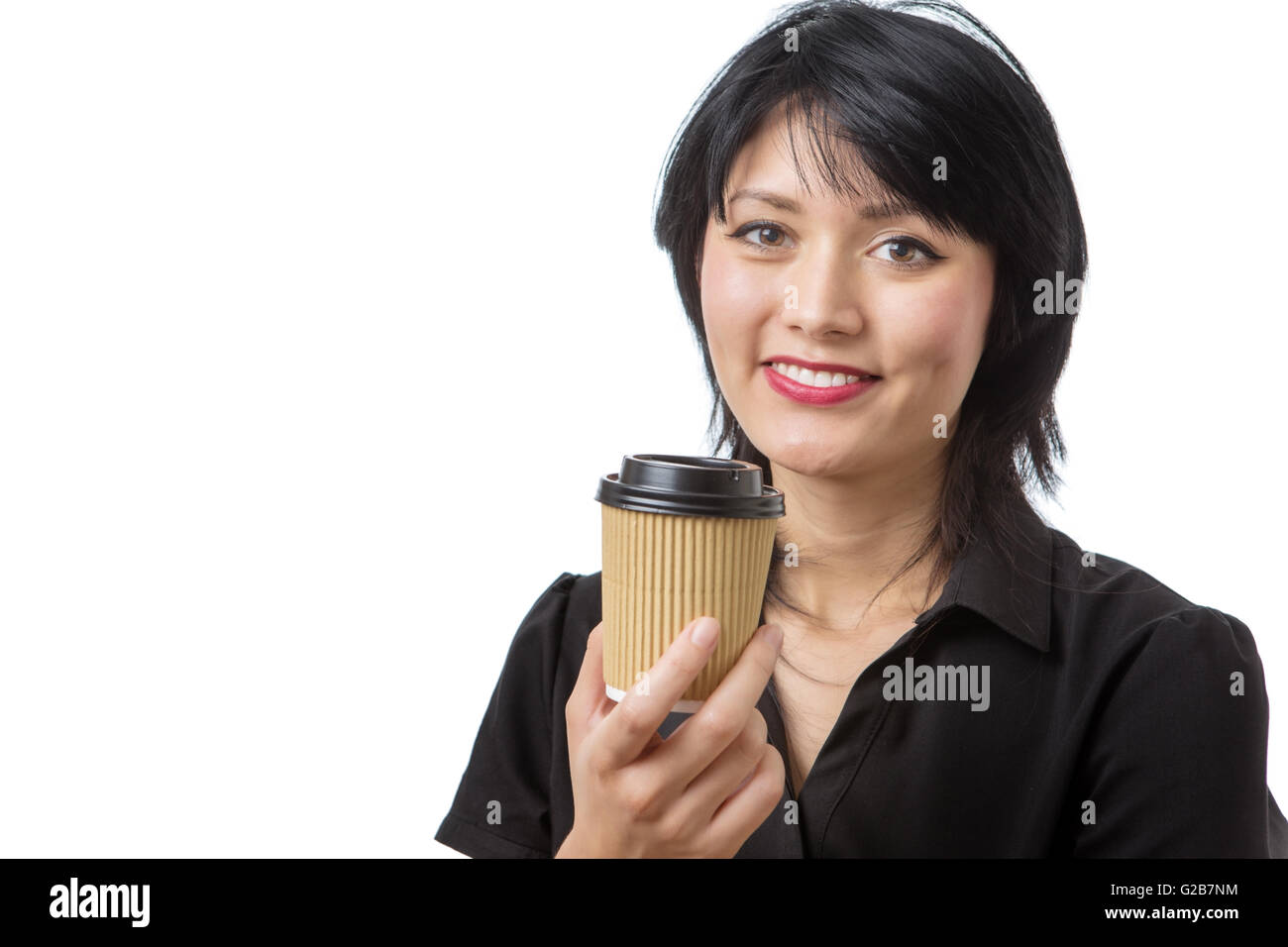 weibliche Geschäftsmodell halten eine Imbiss Getränke Tasse. Stockfoto