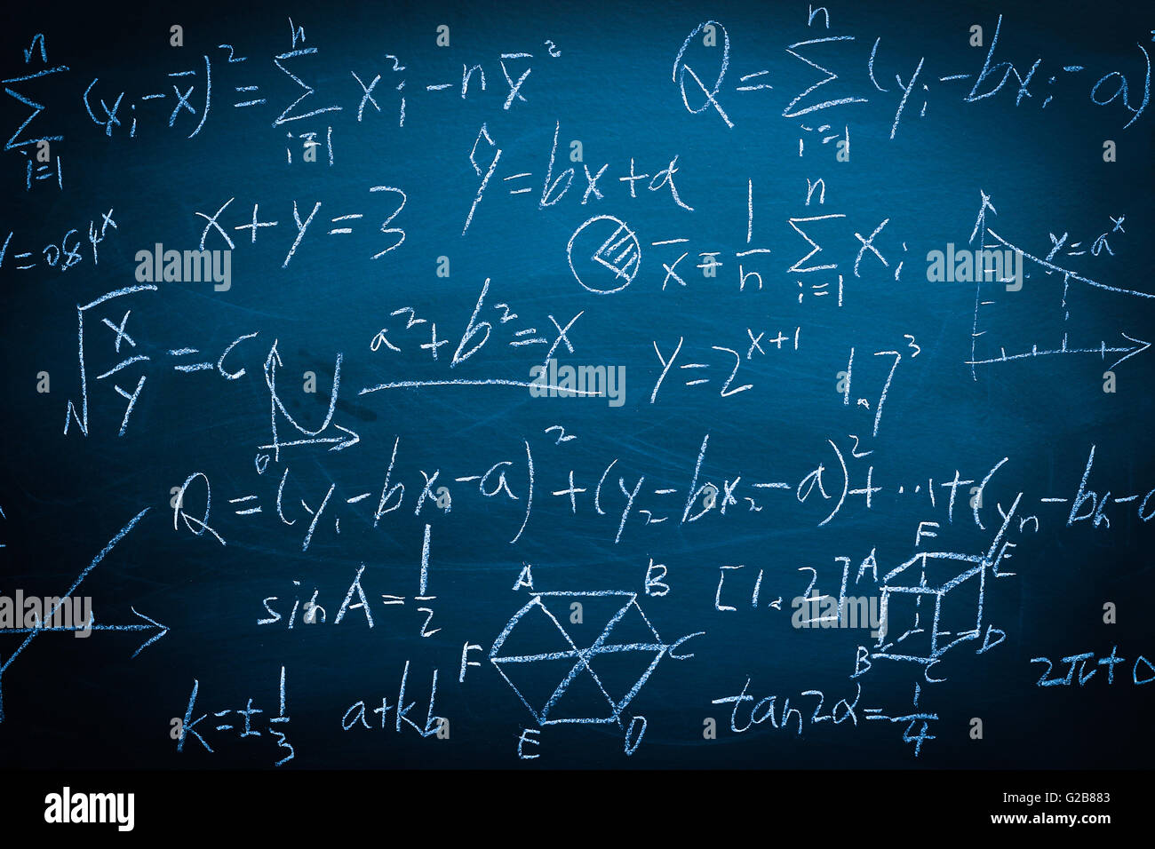 Mathematischen Formeln mit weißer Kreide auf die Tafel Hintergrund geschrieben. Stockfoto