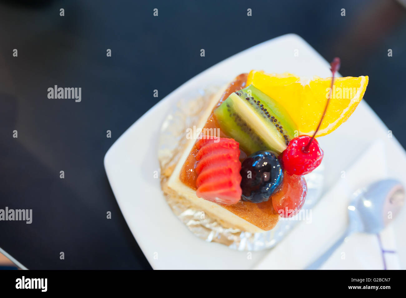 Ein Obstkuchen in weiches Licht. Stockfoto