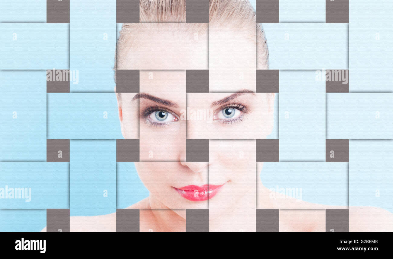 Closeup Collage mit makellosen Portrait schöne Frau und Make-up als Haut Perfektion Konzept gegen blau oder türkis Zeitmessung Stockfoto