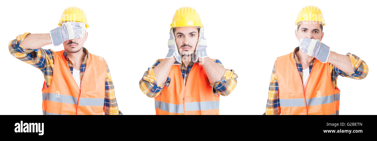 Nichts Böses sehen, Hear no Evil, sprechen kein Übel Konzept mit schönen Ingenieur isoliert auf weißem Hintergrund Stockfoto