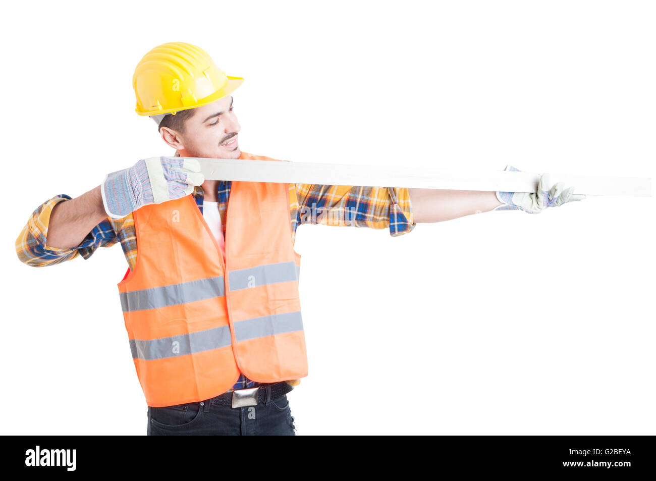 Erfolgreicher Architekt hält ein Messgerät Instrument messen Sie Länge als präzise Messkonzept isoliert auf weisse Studio backgr Stockfoto