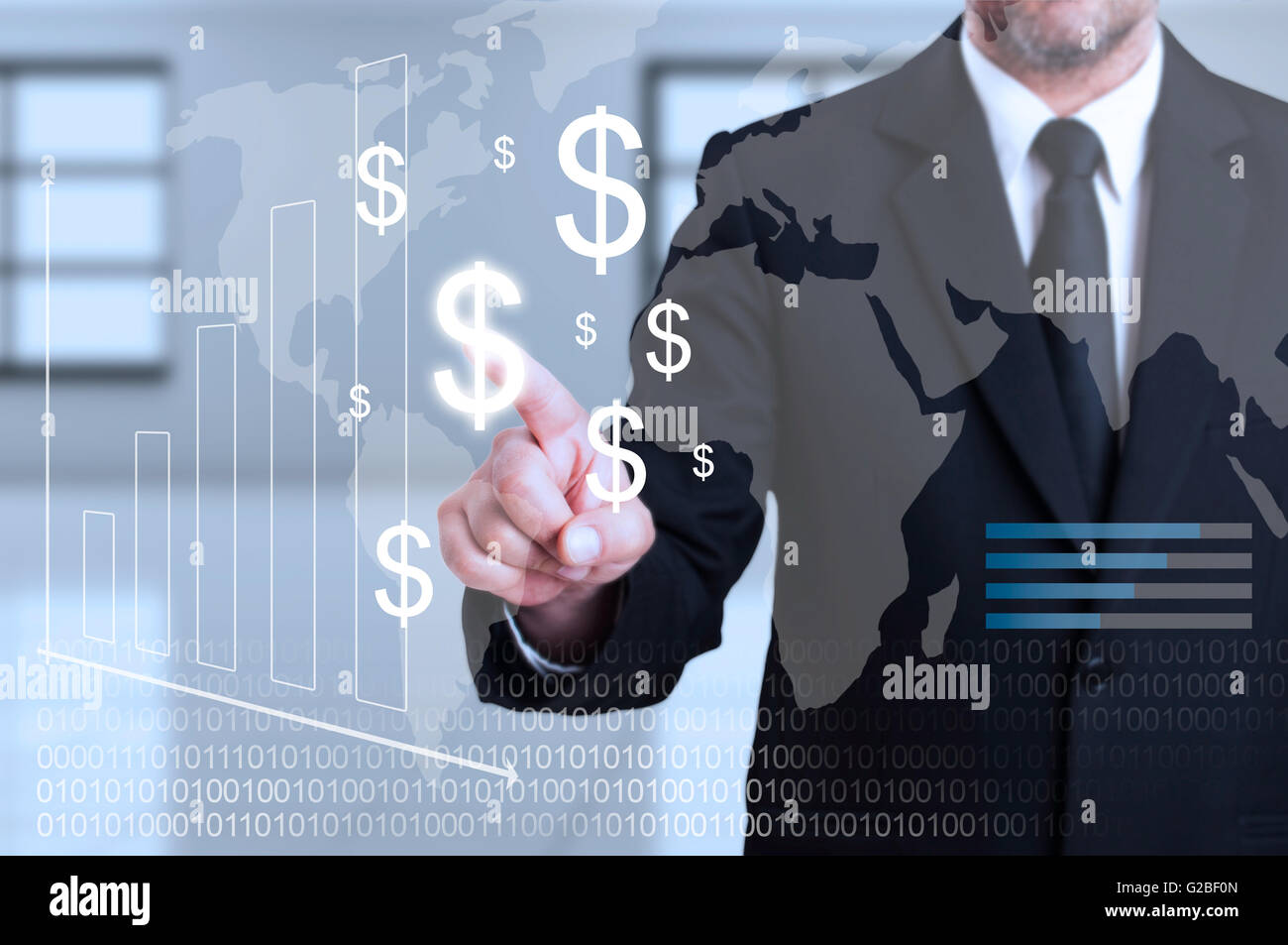 Geschäftsmann, transparente digitalen Bildschirm als Eingangsbeleg Transaktionen Konzept basierend auf Dollar-Symbol berühren Stockfoto
