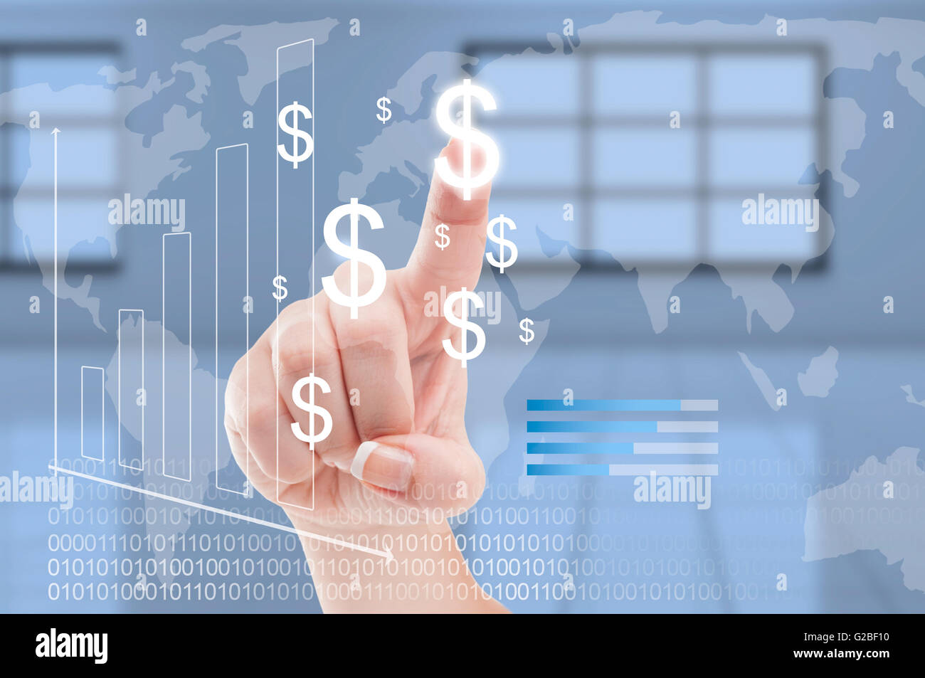 Wirtschaft oder Dollar Währung Umrechnung weltweit Gesamtkonzept mit Finger drücken auf Zukunftstechnologie transparente Darstellung Stockfoto