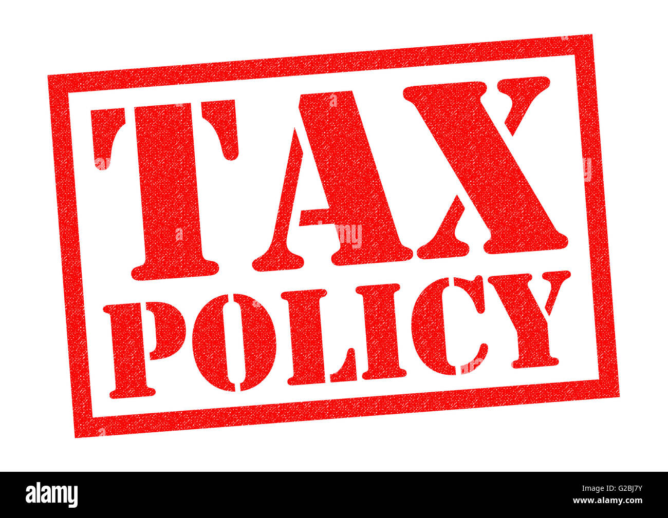 Steuerpolitik roten Stempel auf einem weißen Hintergrund. Stockfoto