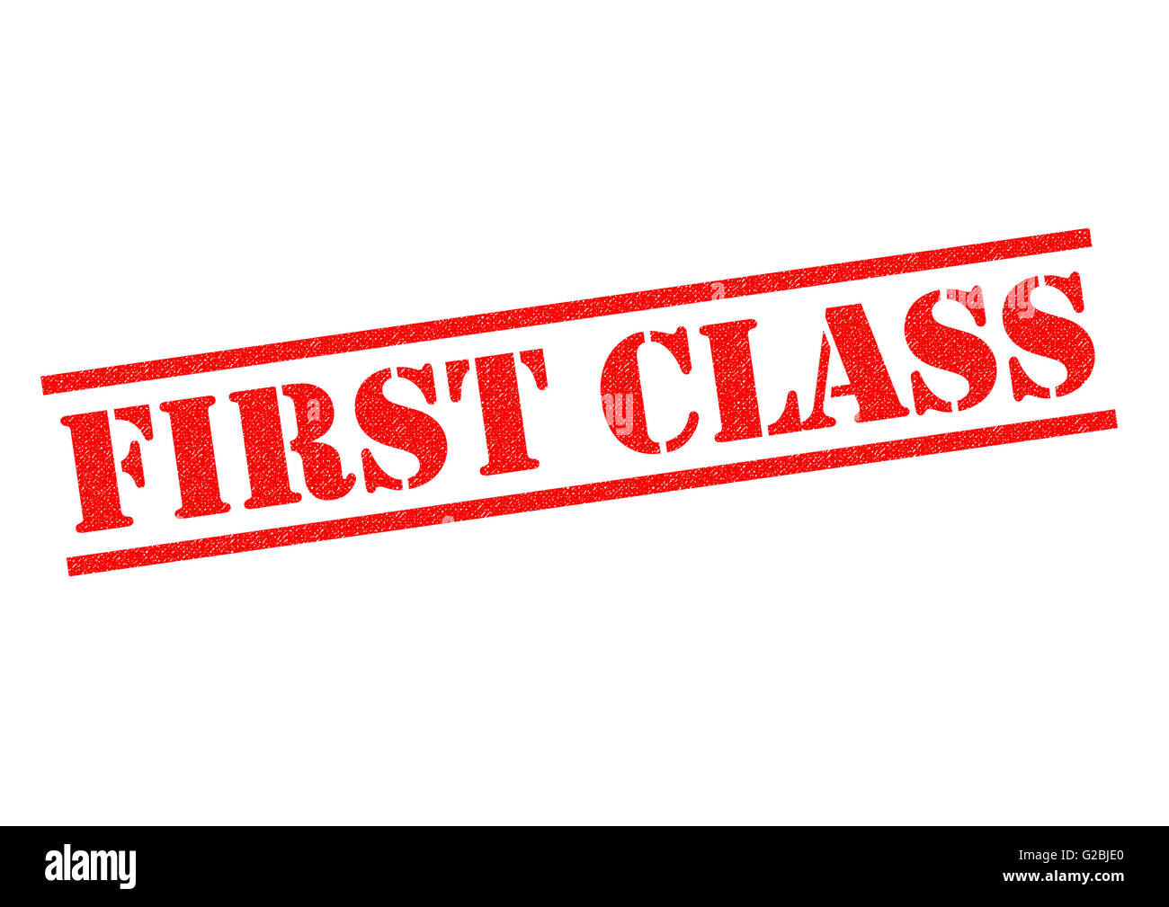 FIRST CLASS roten Stempel auf einem weißen Hintergrund. Stockfoto