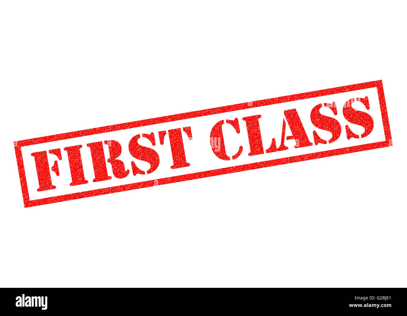 FIRST CLASS roten Stempel auf einem weißen Hintergrund. Stockfoto