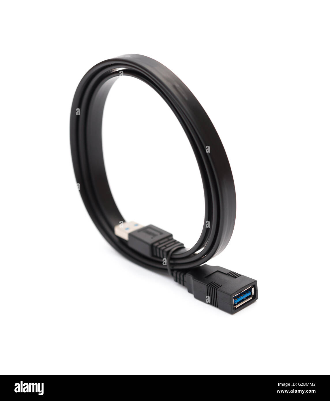 Schwarzes USB-Kabel auf einem weißen Hintergrund Stockfoto