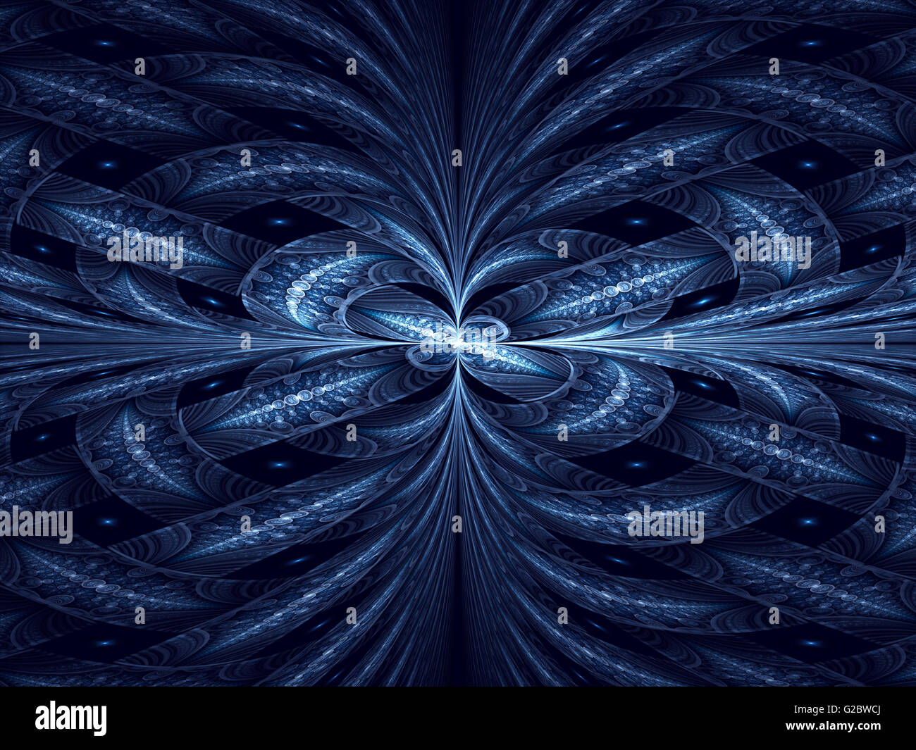 Blaue symmetrische Fraktal mit Horizont, Computer generiert abstrakten Hintergrund Stockfoto
