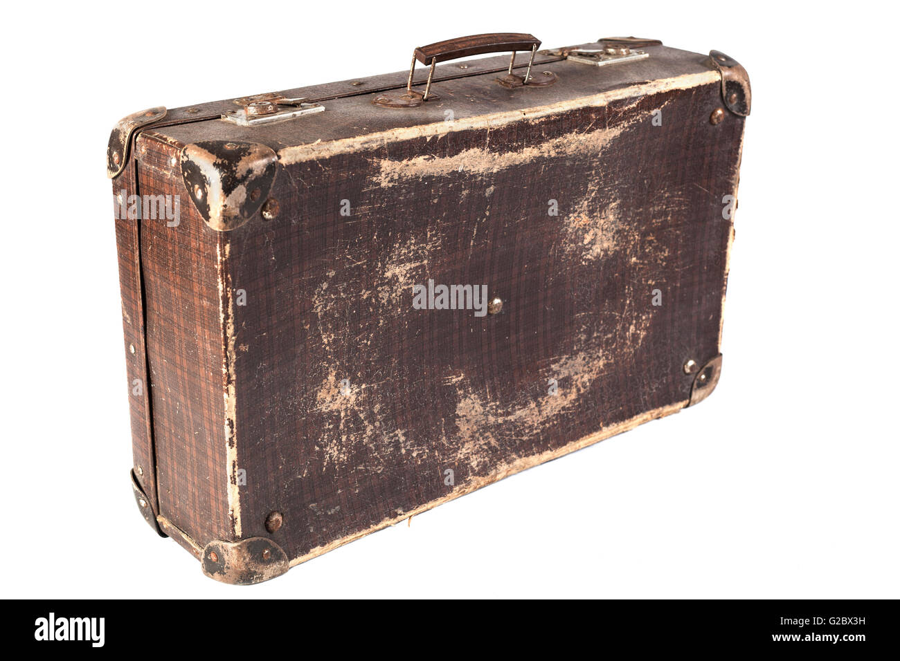 Alte Braun verwendet und verwitterten Koffer isoliert auf weißem Hintergrund Stockfoto