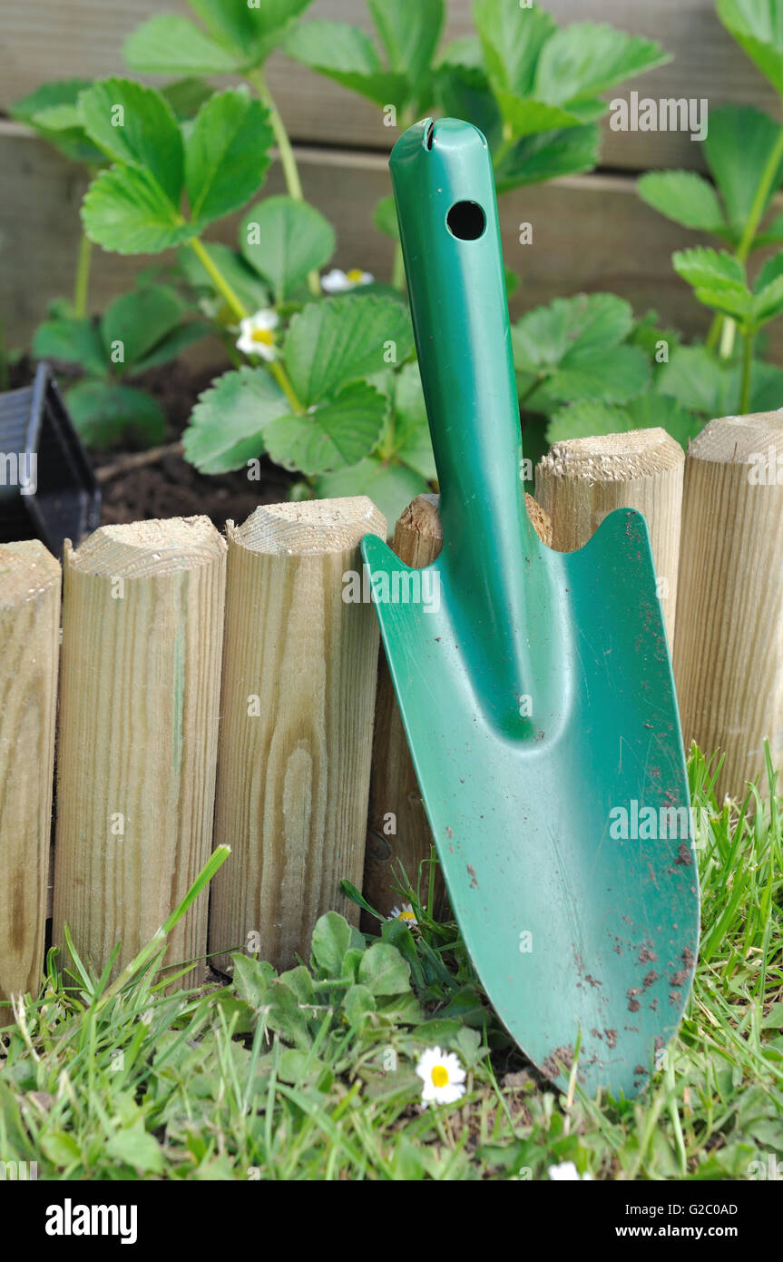 Schaufel gegen einen hölzernen Rahmen im Garten Stockfoto