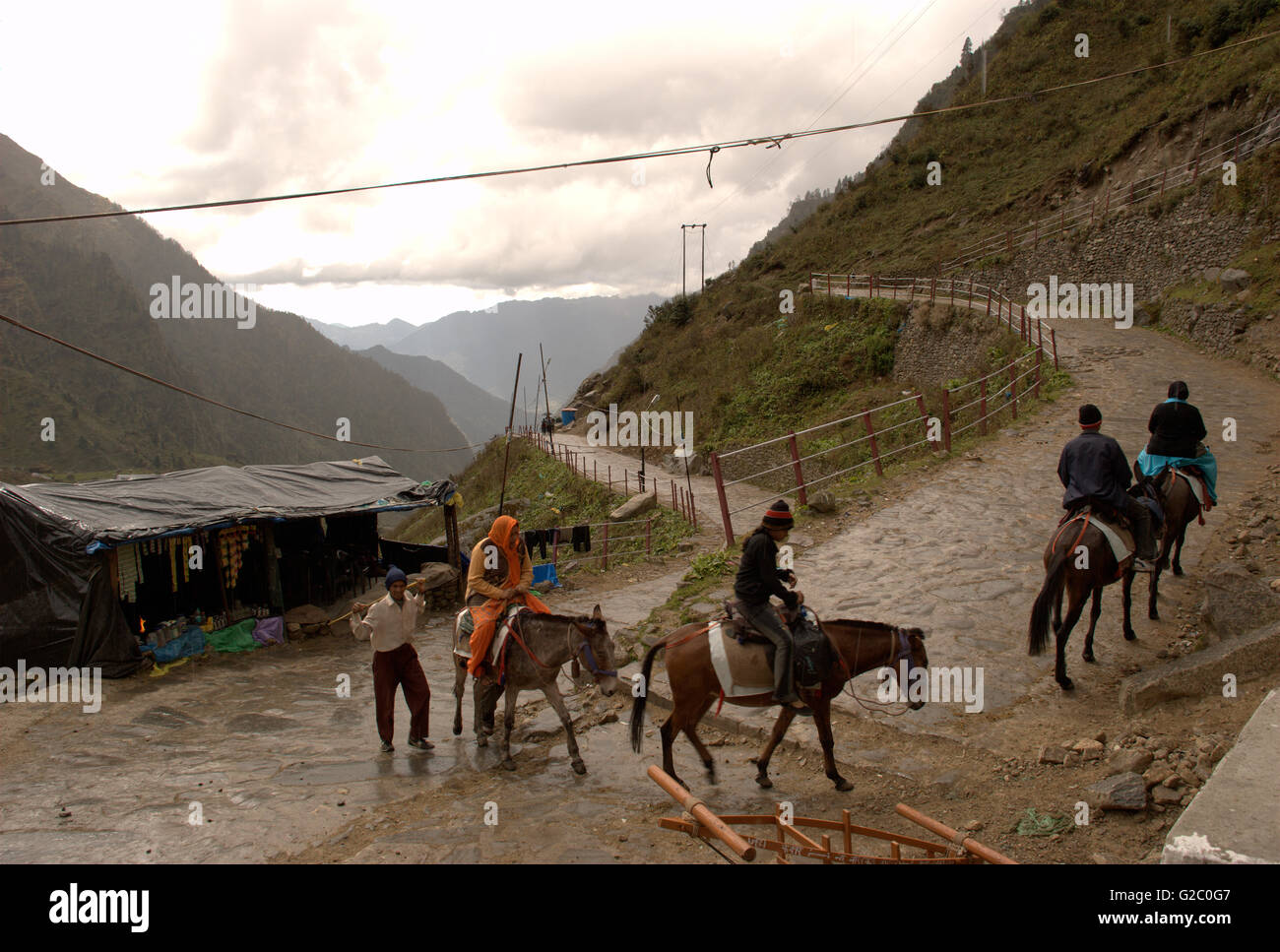 Pilger auf dem Weg zum Tempel Kedarnath, Garhwal Himalaya, Uttarakhand, Indien Stockfoto