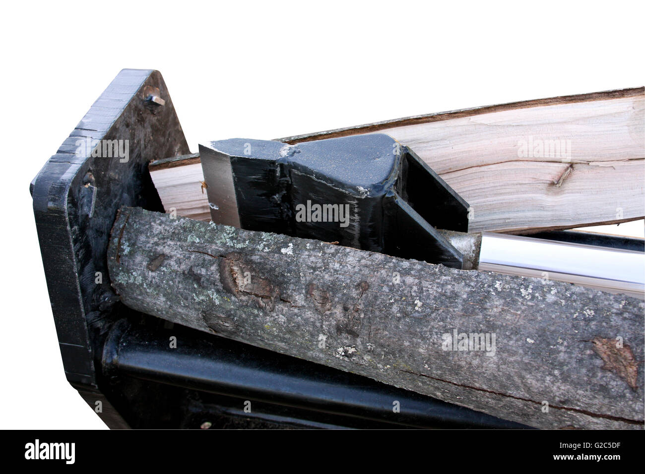 Holzspalter Spalten Brennholz mit einem hydraulischen Stempel Stockfoto