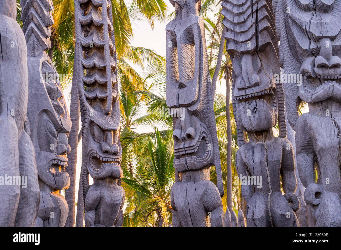 Hawaiian historische indigene Holzstatuen Stockfoto