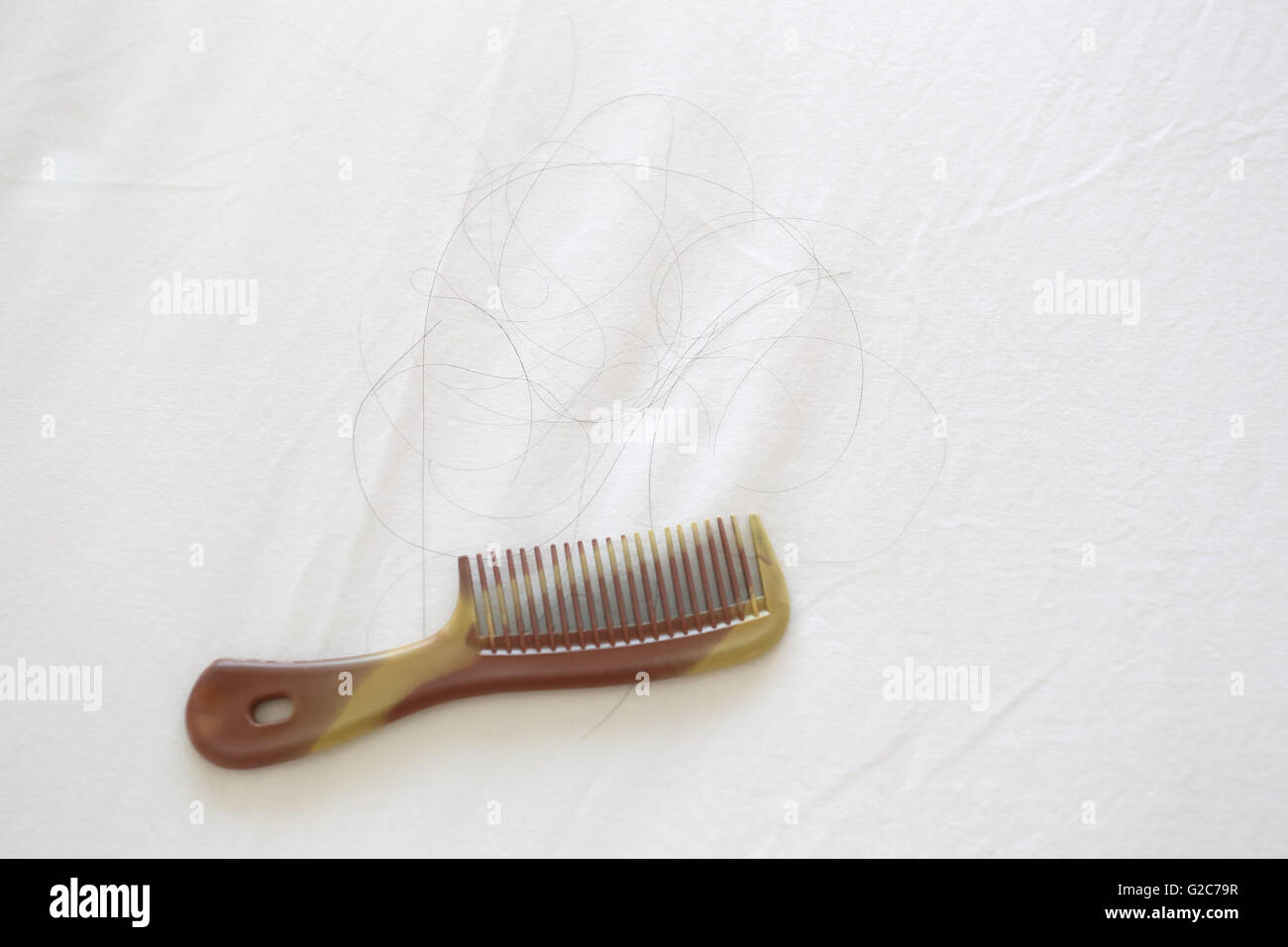 Kamm und Schwarzes Haar der Frauen platziert auf dem weißen Tuch in das Konzept Problem des Haarausfalls. Stockfoto