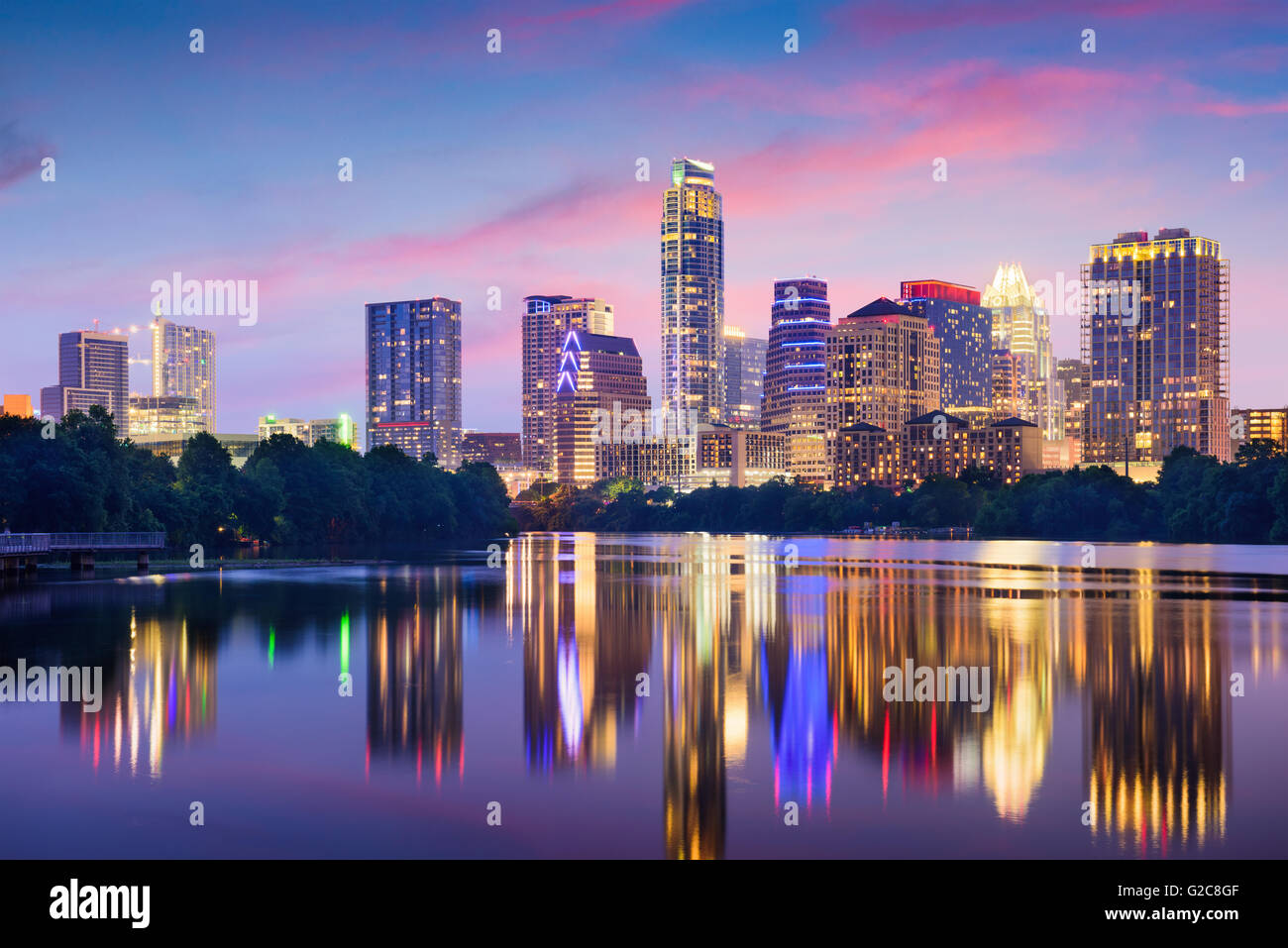 Austin, Texas, USA Skyline Innenstadt auf dem Colorado River. Stockfoto