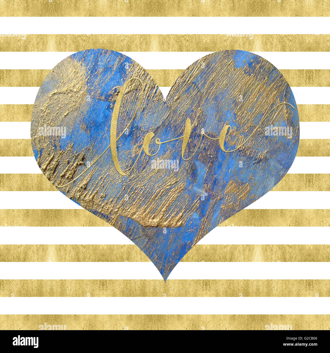 Blaues Herz mit Text auf eine Goldfolie Wirkung gestreift gestreiften Hintergrund, perfekt als Karte oder an der Wand Kunst Stockfoto