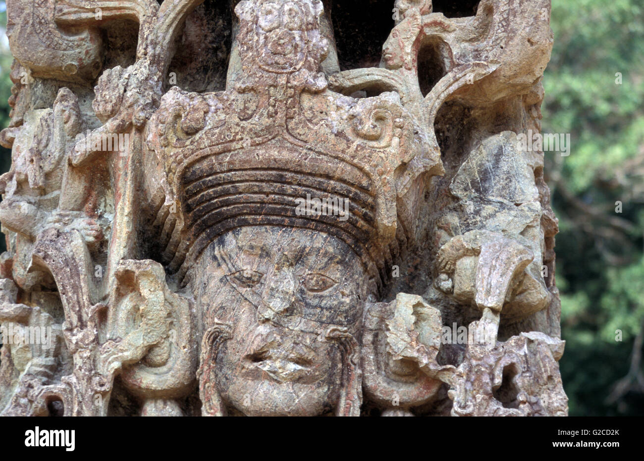 Stela B, der 13. Herrscher bei Copan Ruinen, eine archäologische Stätte der Maya-Zivilisation in Copan Abteilung, Honduras Stockfoto