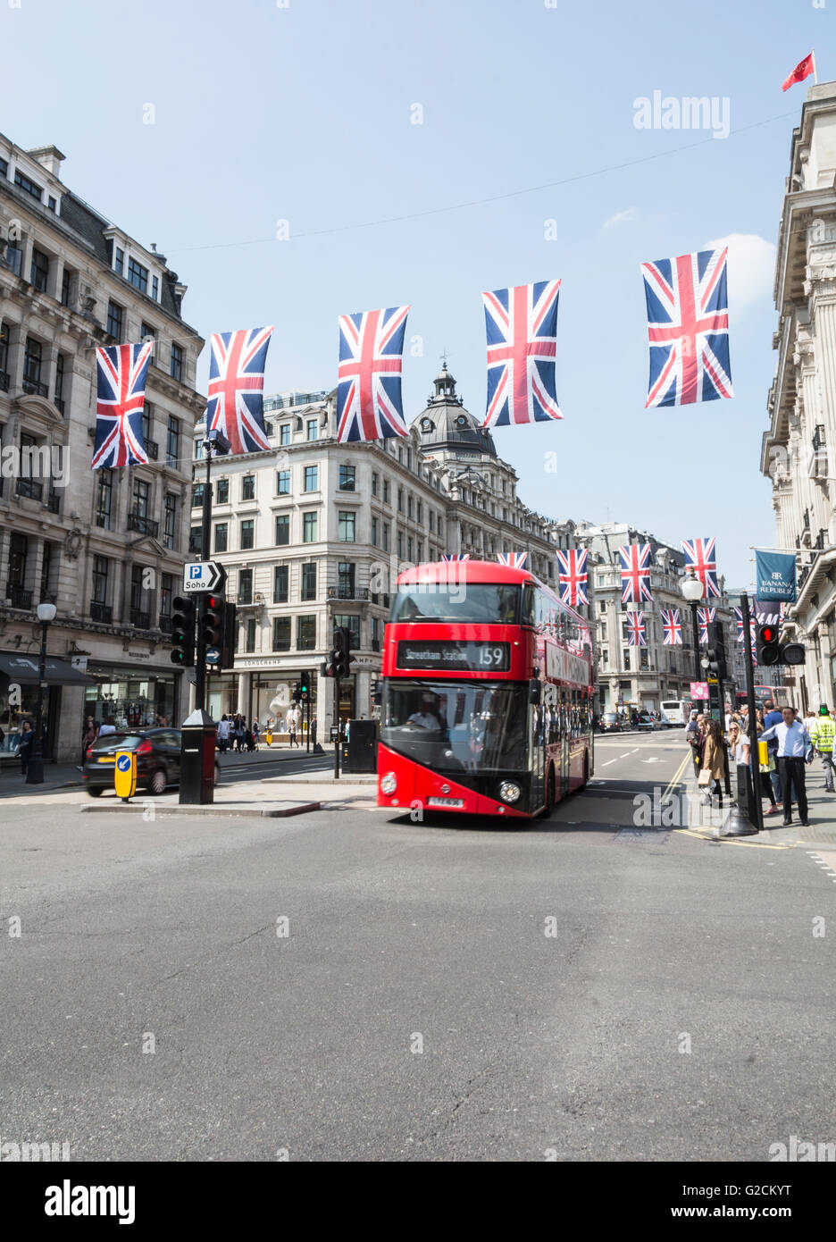 Die Fahnen sind auf Regent Street im Zentrum von London in Erwartung des 23. June Referendums zu bleiben oder lassen Sie die europäischen Stockfoto
