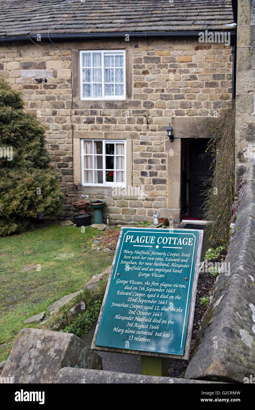 Pest-Cottage-Zeichen und Haus, Eyam, Derbyshire, England, UK Stockfoto