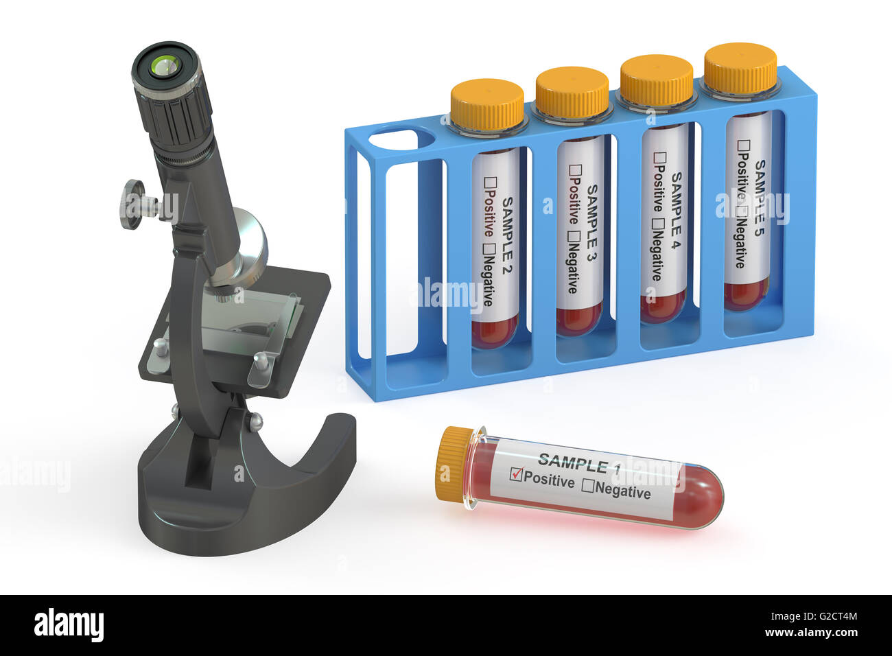 Viren Forschungskonzept, Mikroskop und Reagenzgläser mit Blut. 3D-Rendering Stockfoto
