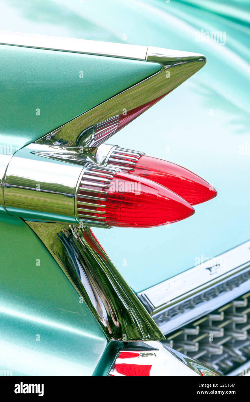 Cadillac Fleetwood 1959, amerikanische Oldtimer-Schönheits-Shot-Oldtimer-Rücklicht cadillac-Flügel Stockfoto