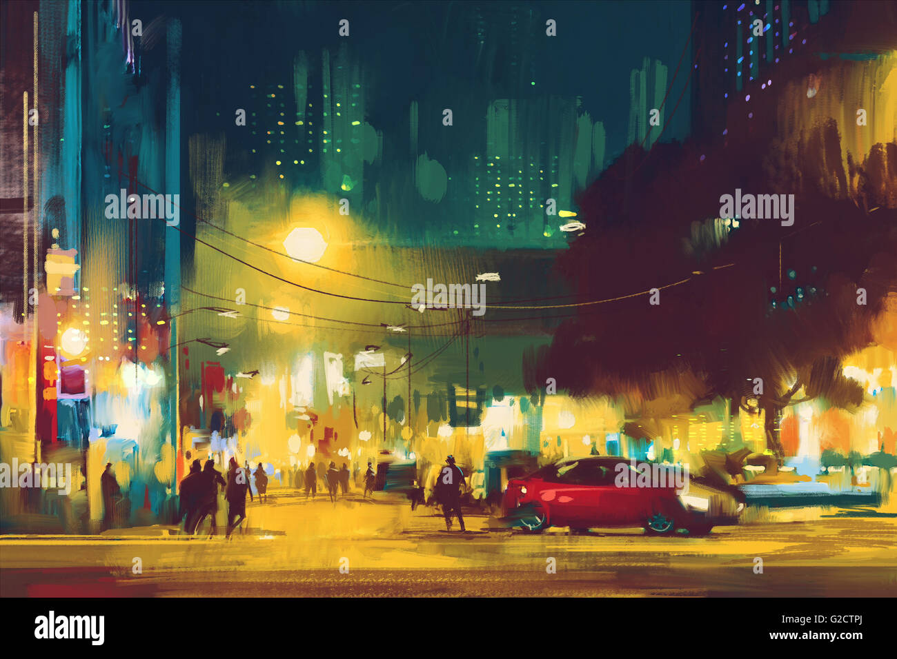 Nachtaufnahme des Stadtbildes mit Beleuchtung, Illustrationskunst Stockfoto