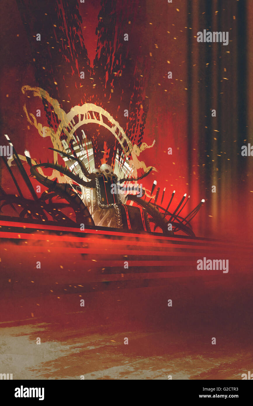 Dark Fantasy-Thron mit roten Vorhängen Hintergrund, Abbildung Stockfoto