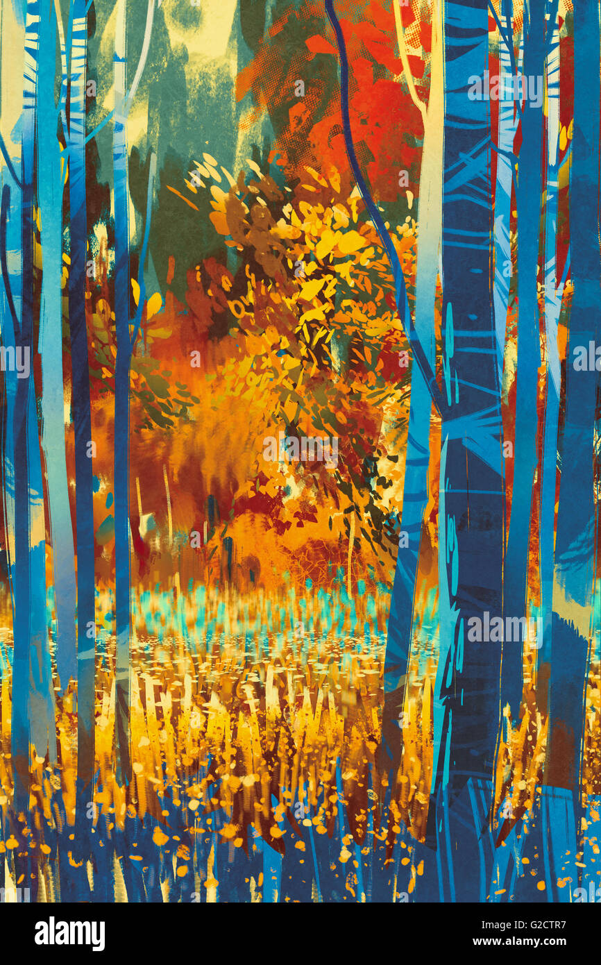Herbstwald mit blauen Bäumen im Vordergrund, Illustrationskunst Stockfoto
