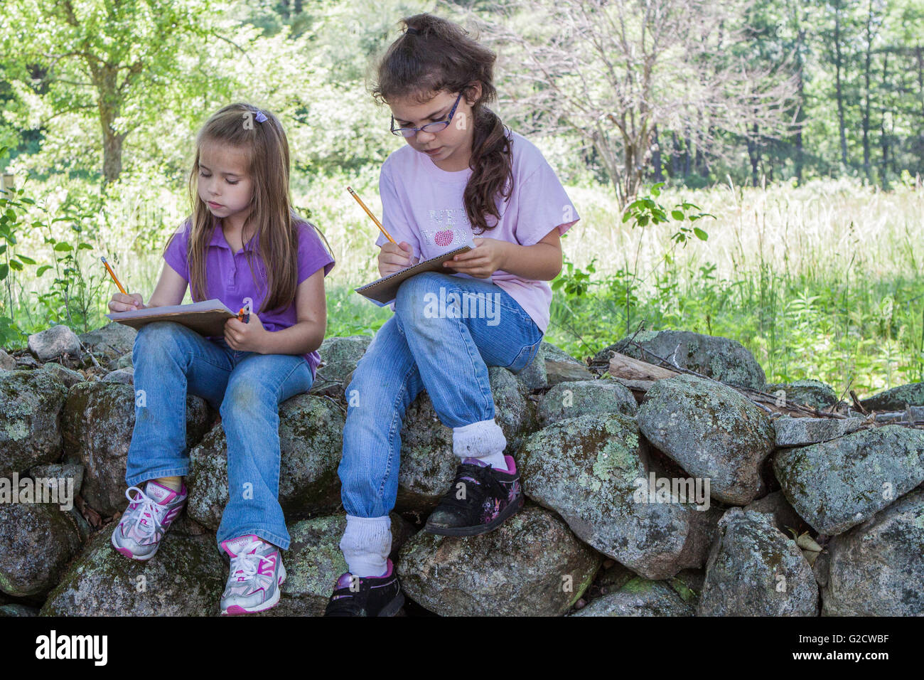 Zwei Schüler arbeiten an einem Projekt im freien Stockfoto