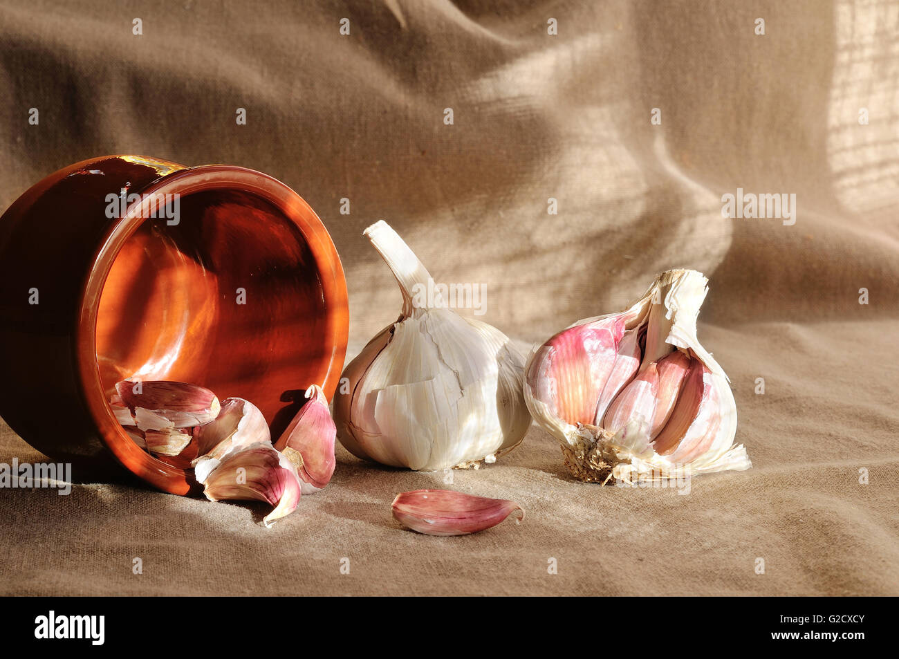 Köpfe von Knoblauch in eine Schüssel mit Schlamm auf eine braune Tuch und Fenster Sonne Stockfoto