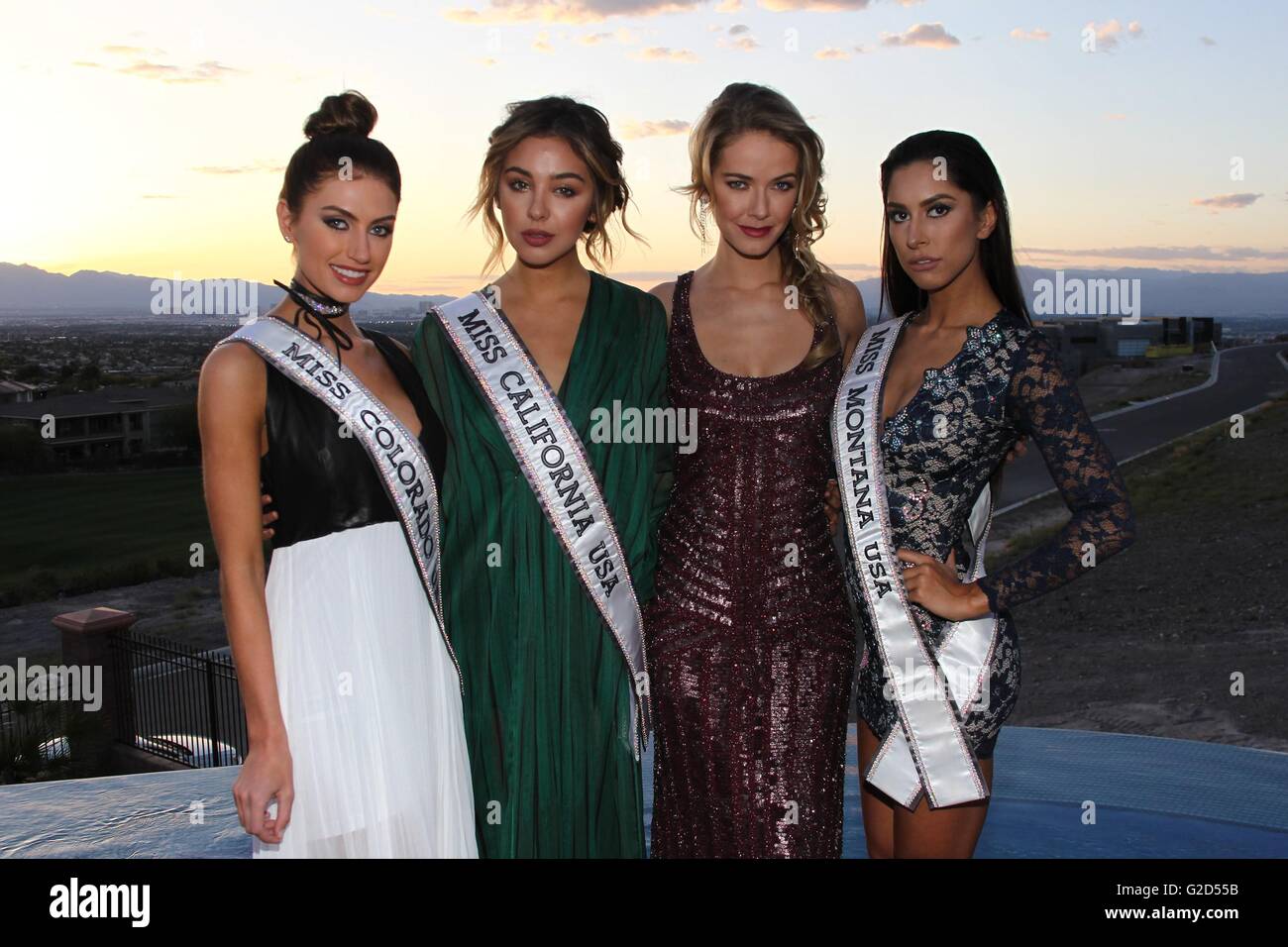 Henderson, NV, USA. 27. Mai 2016. Verpassen Sie, Colorado USA, Caley-Rae Pavillard, Miss California USA, Nadia Mejia, Miss USA 2015, Olivia Jordan, Miss Montana USA, Sibahn Doxey bei einem öffentlichen Auftritt für Miss USA 2016 Welcome Reception, Waters Edge Show Home, Henderson, NV 27. Mai 2016. Bildnachweis: James Atoa/Everett Collection/Alamy Live-Nachrichten Stockfoto