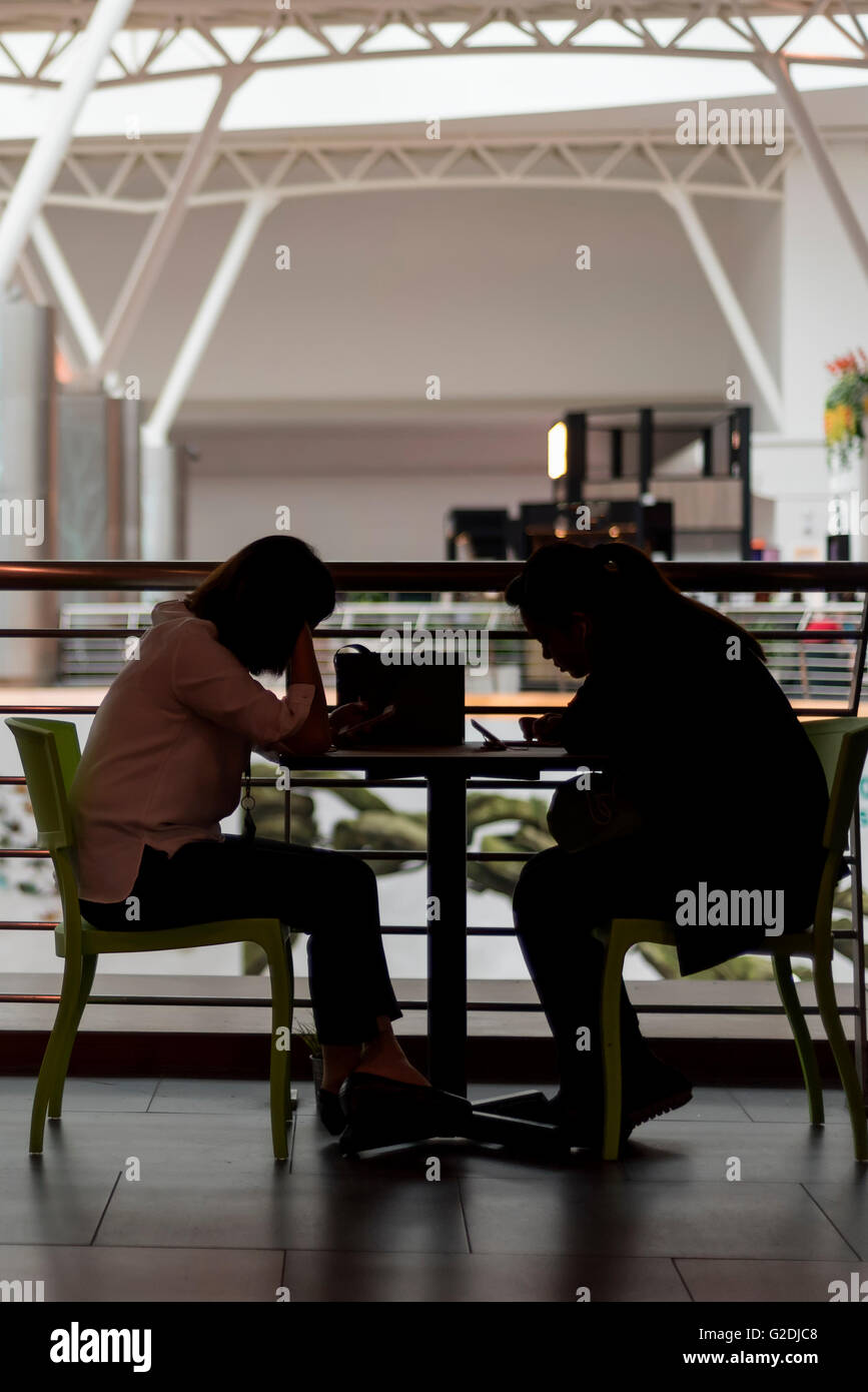 Junge Frauen auf ihrem Handy in stilvollen restaurant Stockfoto