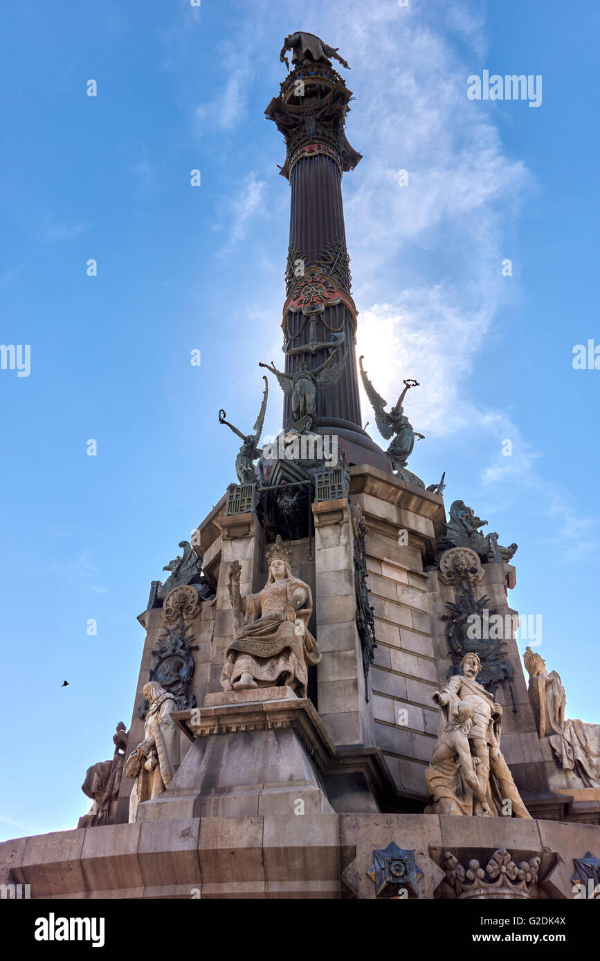 Das Columbus-Denkmal ist Amonument nach Christopher Columbus am unteren Ende der La Rambla, Barcelona, Katalonien, Spanien. Stockfoto