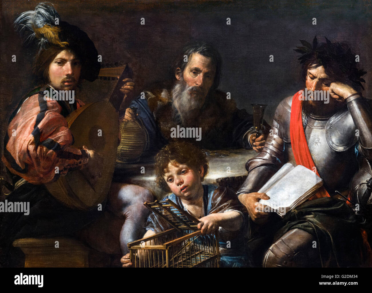 Die vier Alter des Mannes von Valentin de Boulogne, Öl auf Leinwand, c.1629. Das Bild zeigt vier Phasen des Lebens leben: Kindheit (Zentrum im Vordergrund); Jugend (links); Männlichkeit (rechts) und Alter (Zentrum im Hintergrund). Stockfoto