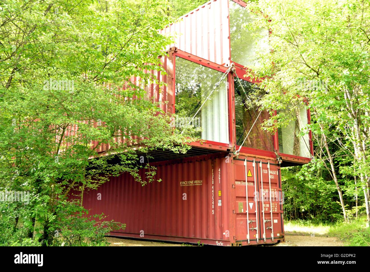 Container Fracht in Ausbildung Büros ein x in den Wald zu verwandeln. Stockfoto