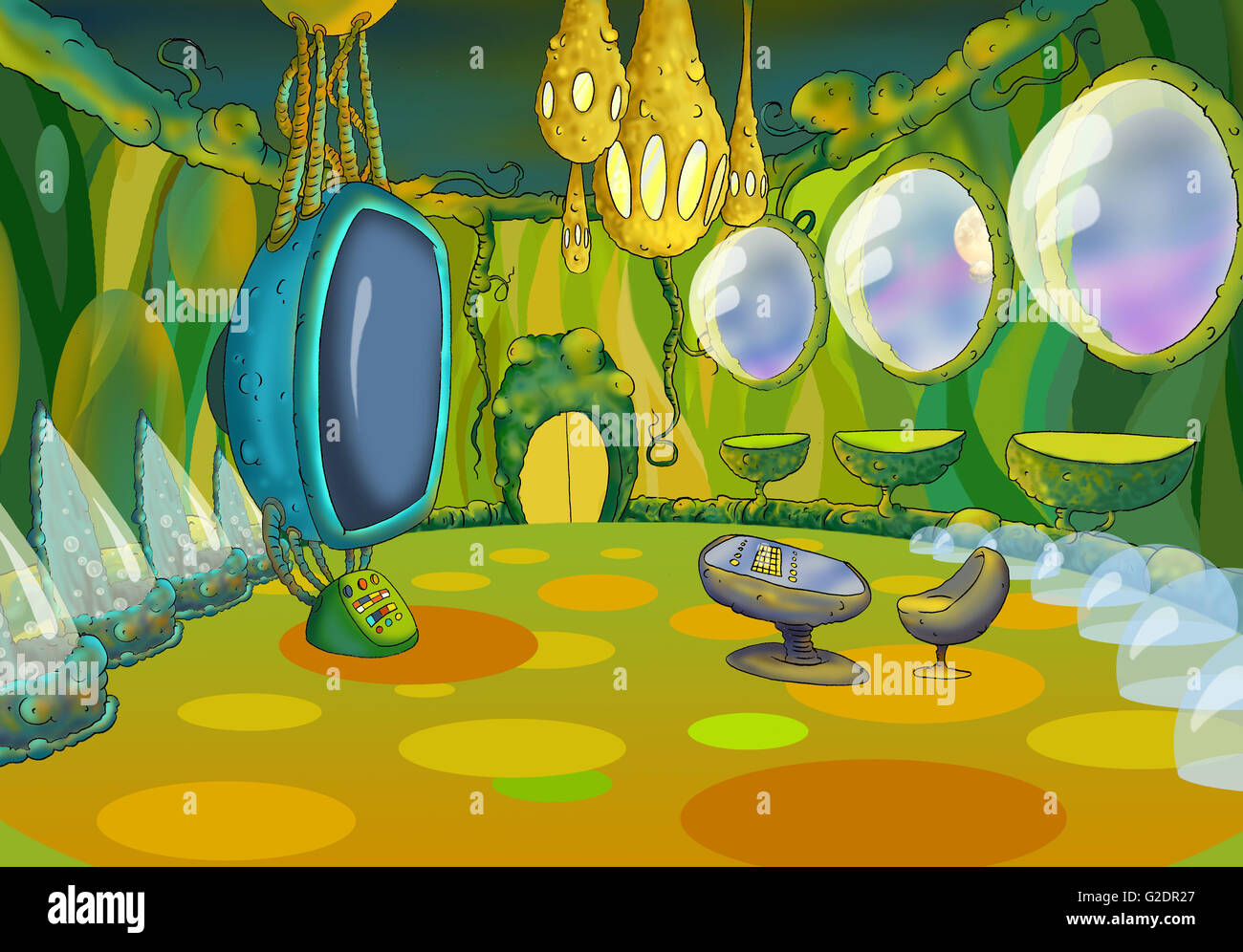 Raumschiff Kabine futuristischen Interieur Cartoon Kosmische Raumschiffe in SciFi-Galaxie. Stockfoto