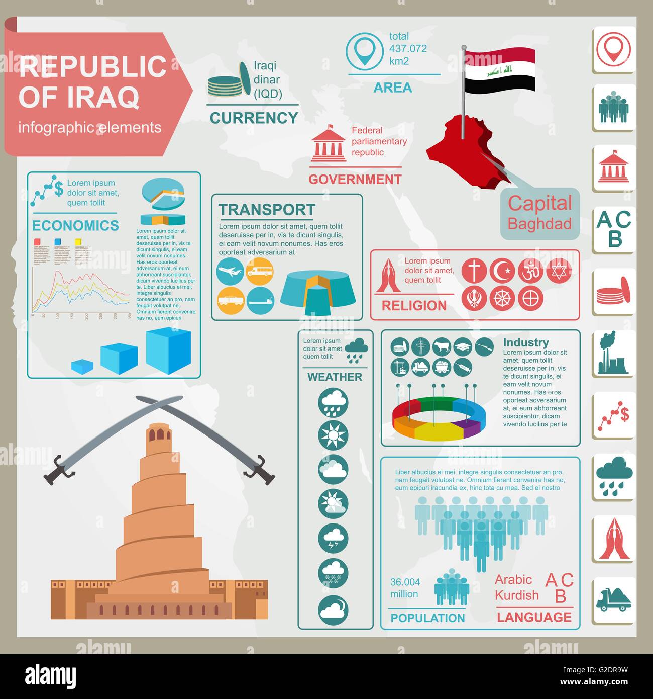 Irak-Infografiken, statistische Daten, Sehenswürdigkeiten. Vektor-illustration Stock Vektor