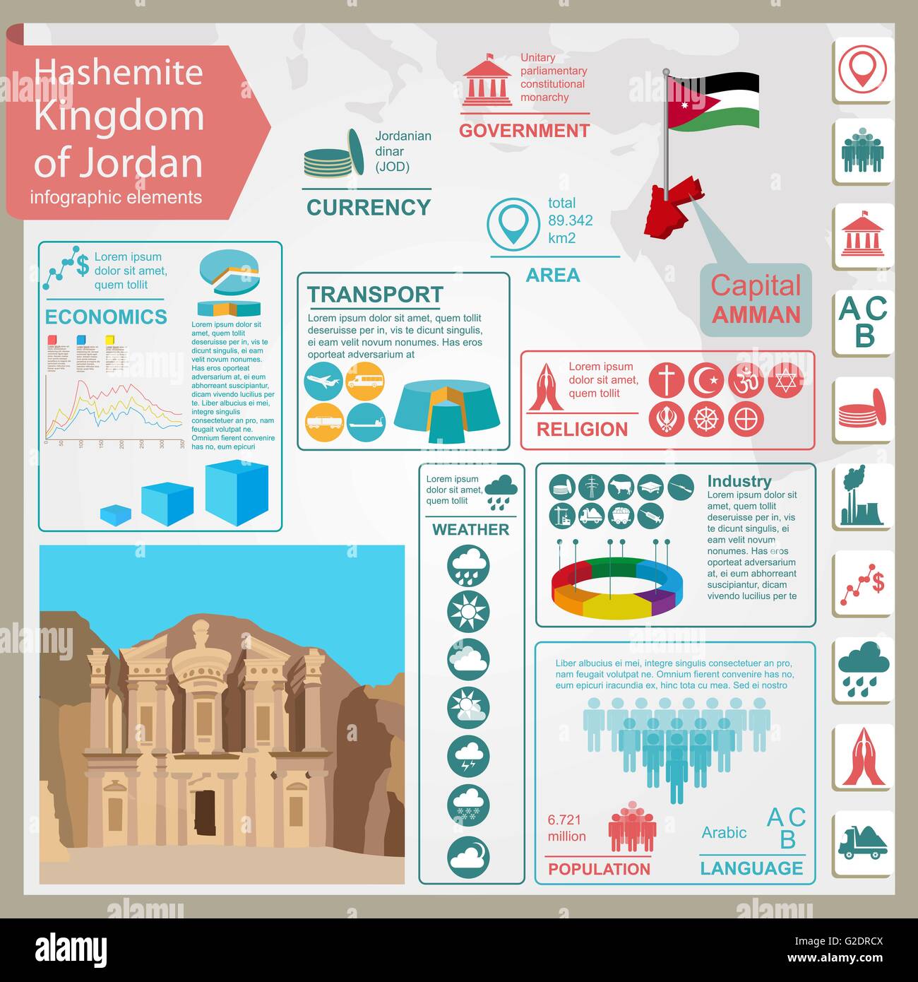 Jordanien-Infografiken, statistische Daten, Sehenswürdigkeiten. Vektor-illustration Stock Vektor