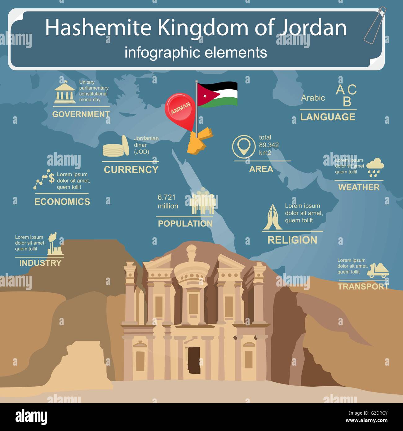 Jordanien-Infografiken, statistische Daten, Sehenswürdigkeiten. Vektor-illustration Stock Vektor