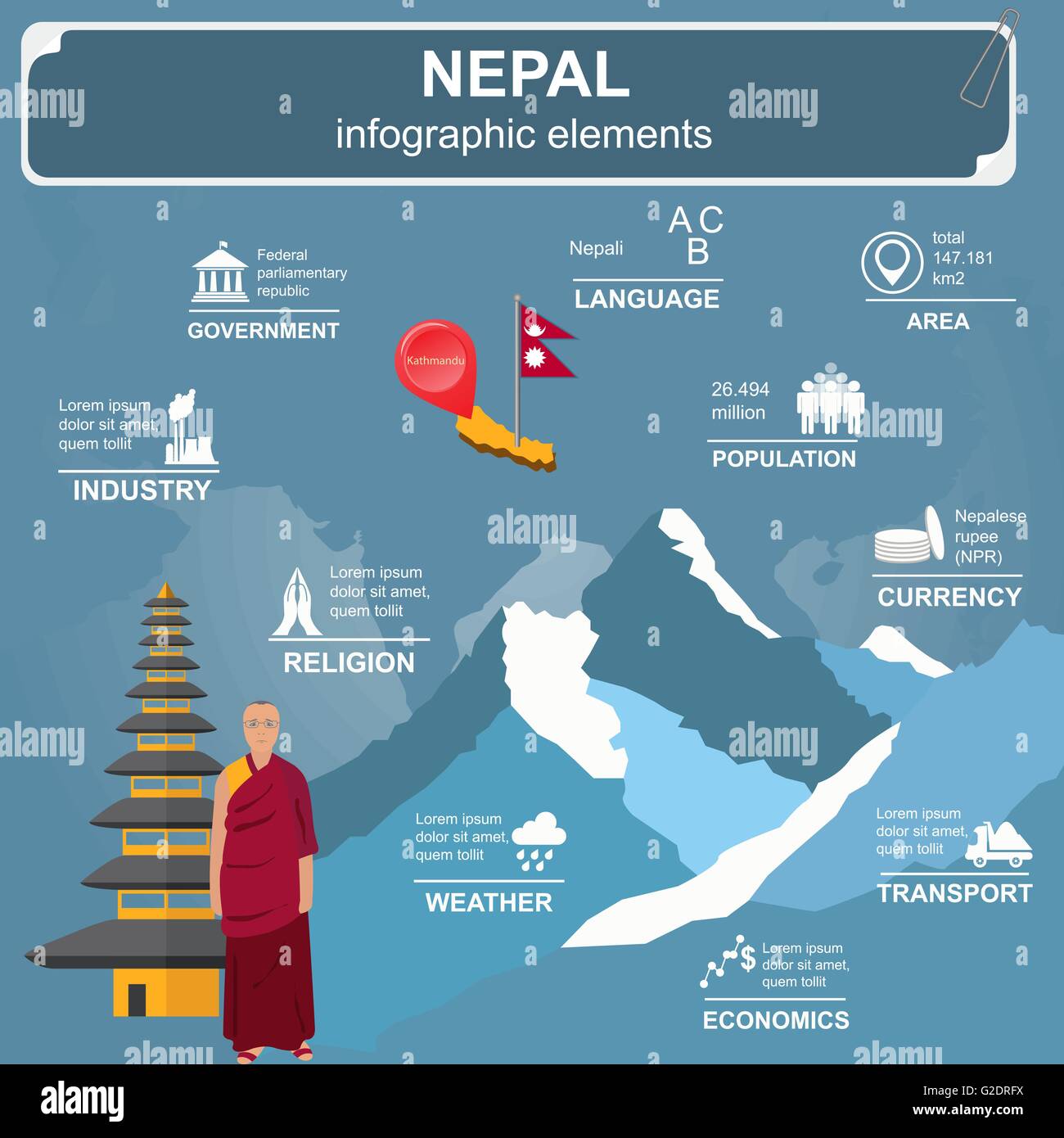 Nepal-Infografiken, statistische Daten, Sehenswürdigkeiten. Vektor-illustration Stock Vektor